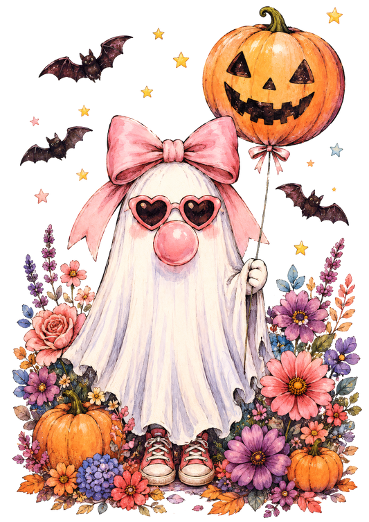 Pink Ghost with Pumpkin Balloon Transfer