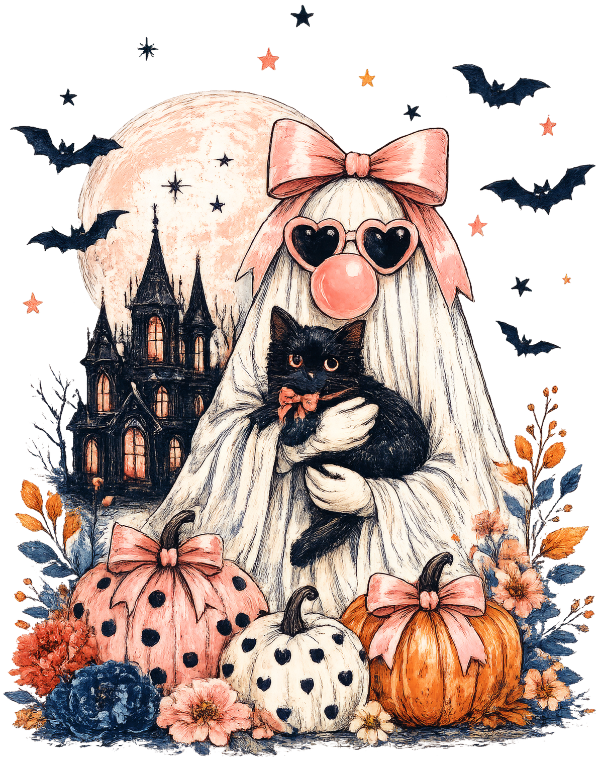 Halloween Ghost with Black Cat Transfer