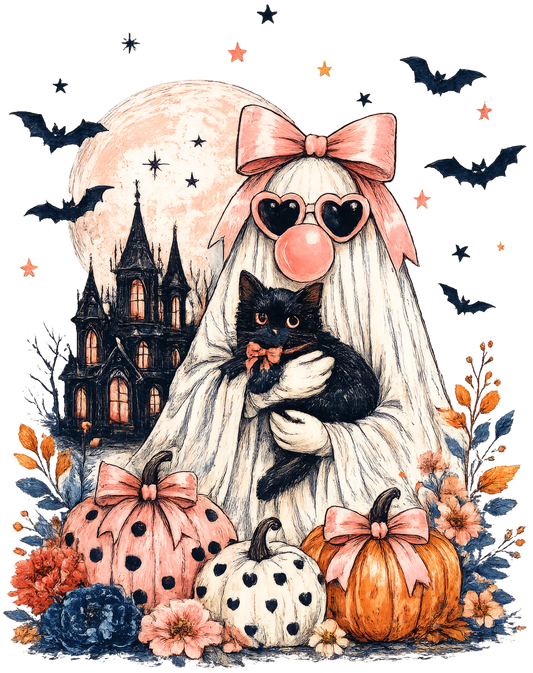 Halloween Ghost with Black Cat Transfer