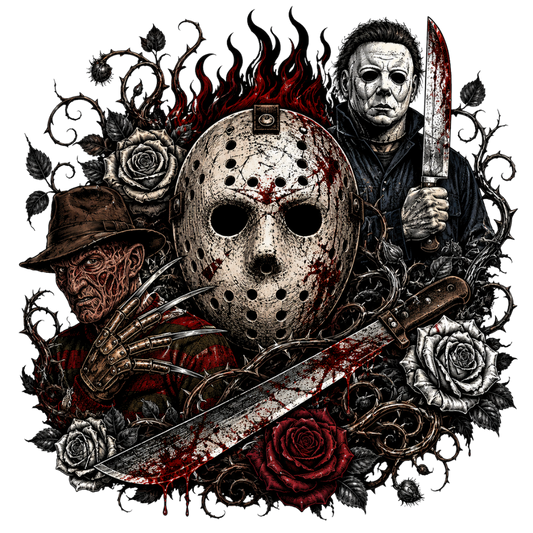 Flaming Horror Masks Floral Collage Transfer ready-to-press DTF transfer
