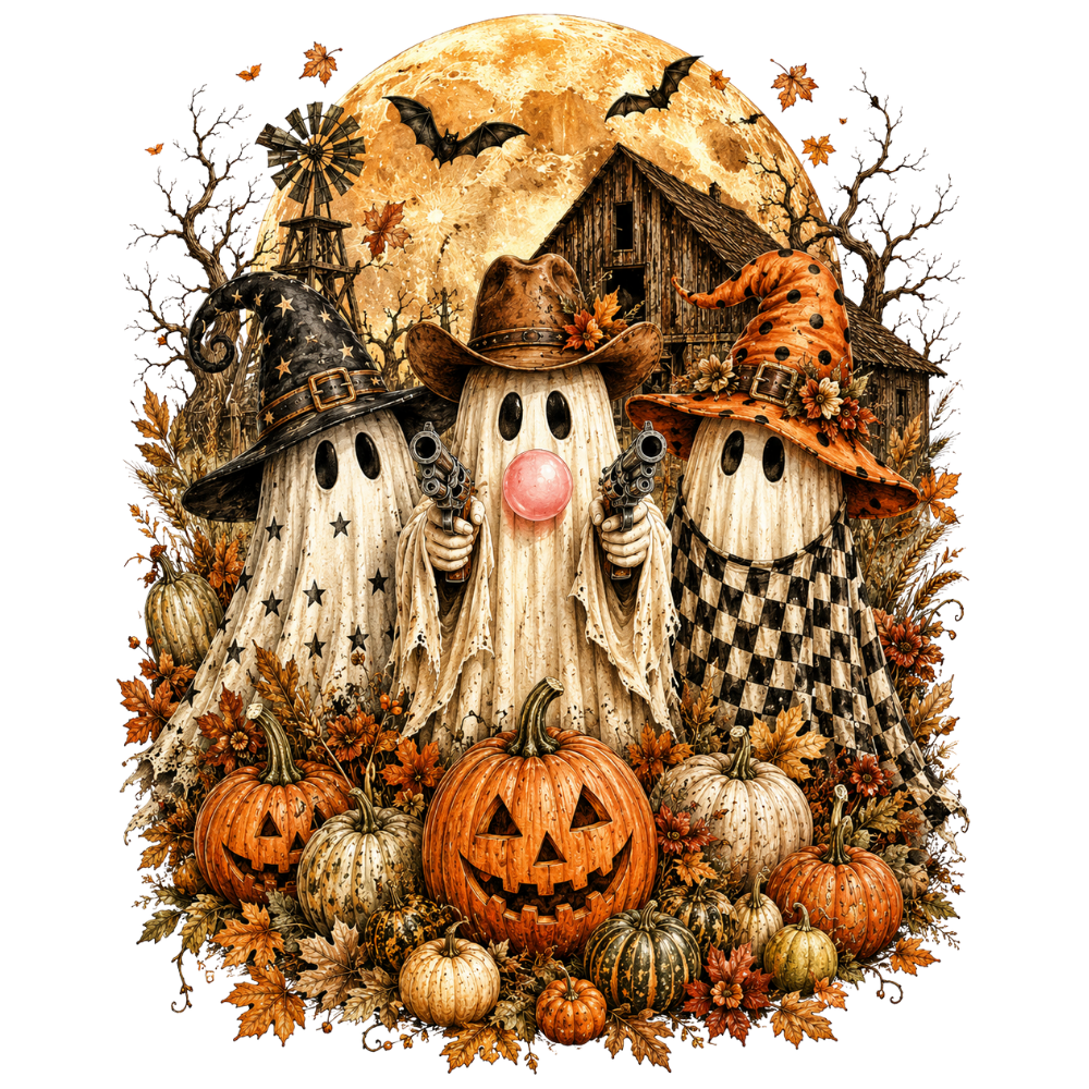 Autumn Patchwork Ghosts and Pumpkins Transfer ready-to-press DTF transfer