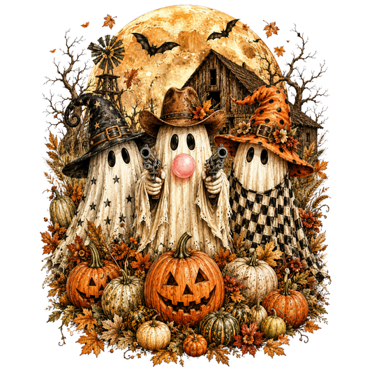 Autumn Patchwork Ghosts and Pumpkins Transfer ready-to-press DTF transfer