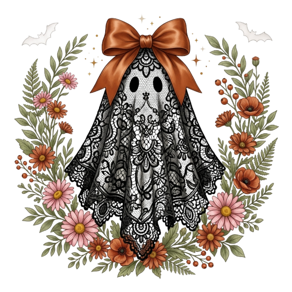 Black Lace Floral Ghost Halloween Transfer ready-to-press DTF transfer