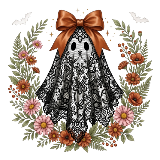Black Lace Floral Ghost Halloween Transfer ready-to-press DTF transfer