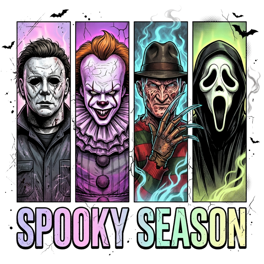 Neon Spooky Season Horror Panels Transfer ready-to-press DTF transfer