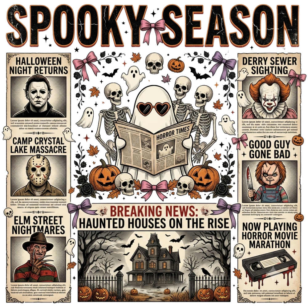 Spooky Season Horror Newspaper Skeletons Transfer ready-to-press DTF transfer